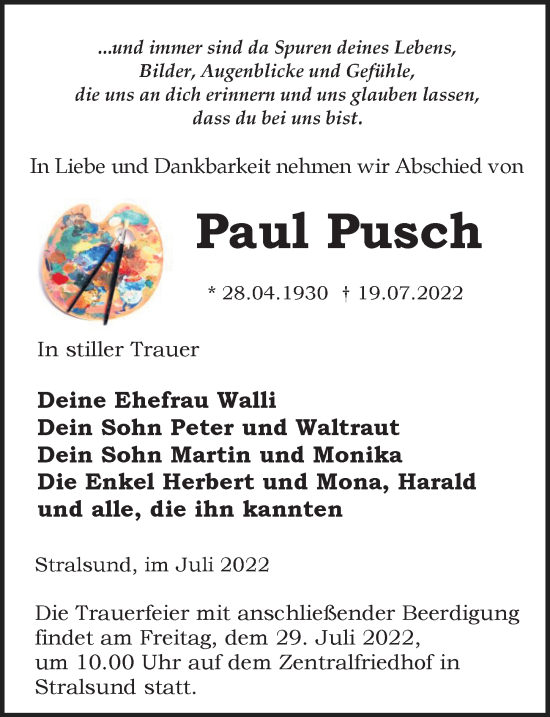 Traueranzeige von Paul Pusch von Ostsee-Zeitung GmbH