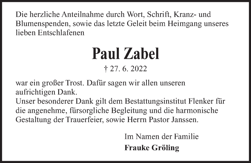  Traueranzeige für Paul Zabel vom 09.07.2022 aus Kieler Nachrichten