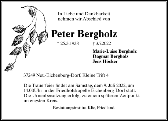 Traueranzeige von Peter Bergholz von Göttinger Tageblatt