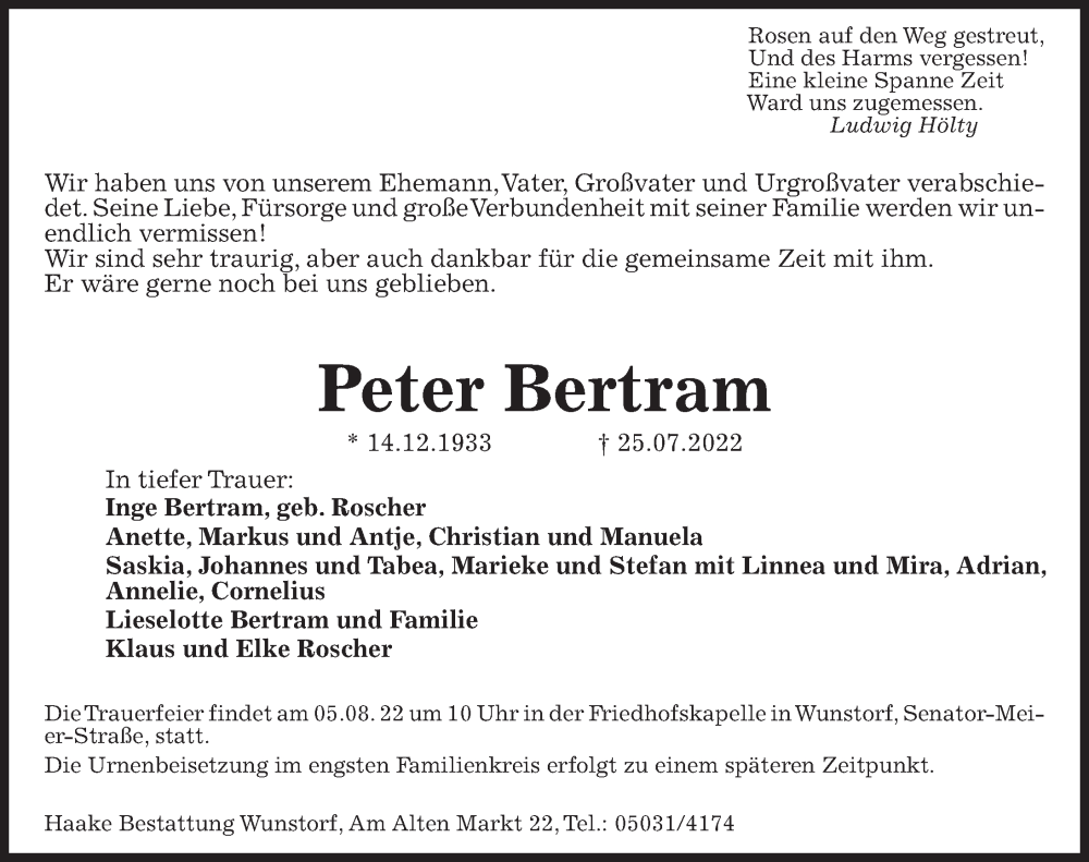  Traueranzeige für Peter Bertram vom 30.07.2022 aus Hannoversche Allgemeine Zeitung/Neue Presse