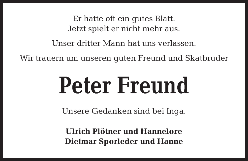  Traueranzeige für Peter Freund vom 30.07.2022 aus Kieler Nachrichten