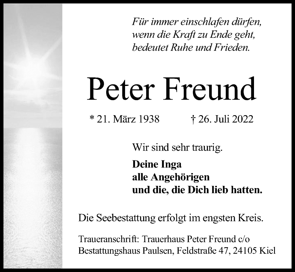  Traueranzeige für Peter Freund vom 30.07.2022 aus Kieler Nachrichten
