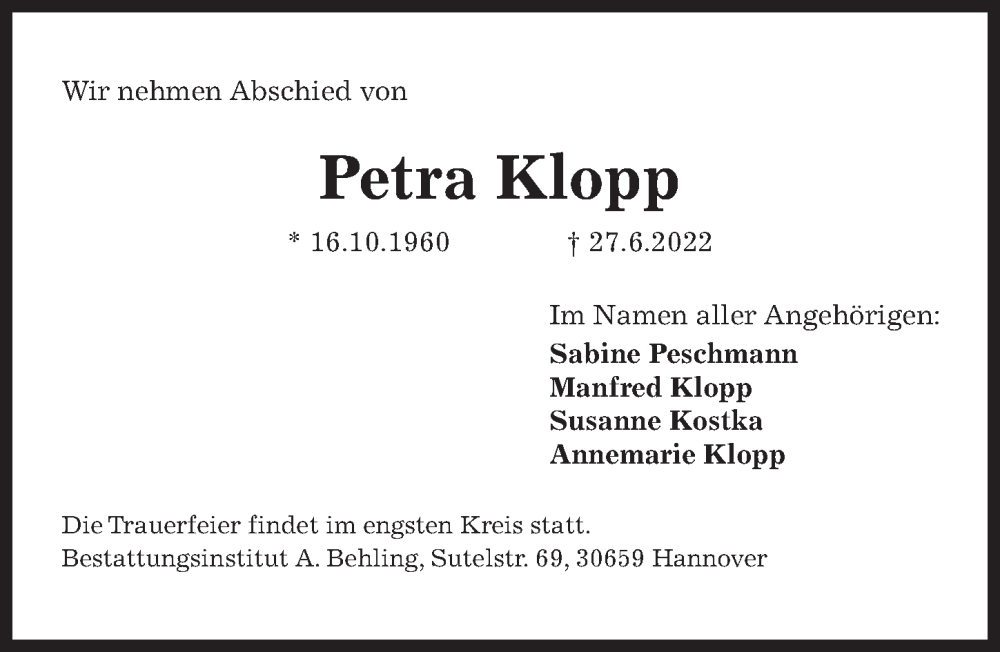  Traueranzeige für Petra Klopp vom 02.07.2022 aus Hannoversche Allgemeine Zeitung/Neue Presse