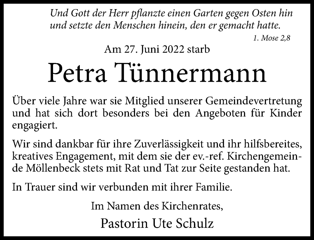  Traueranzeige für Petra Tünnermann vom 01.07.2022 aus Schaumburger Nachrichten