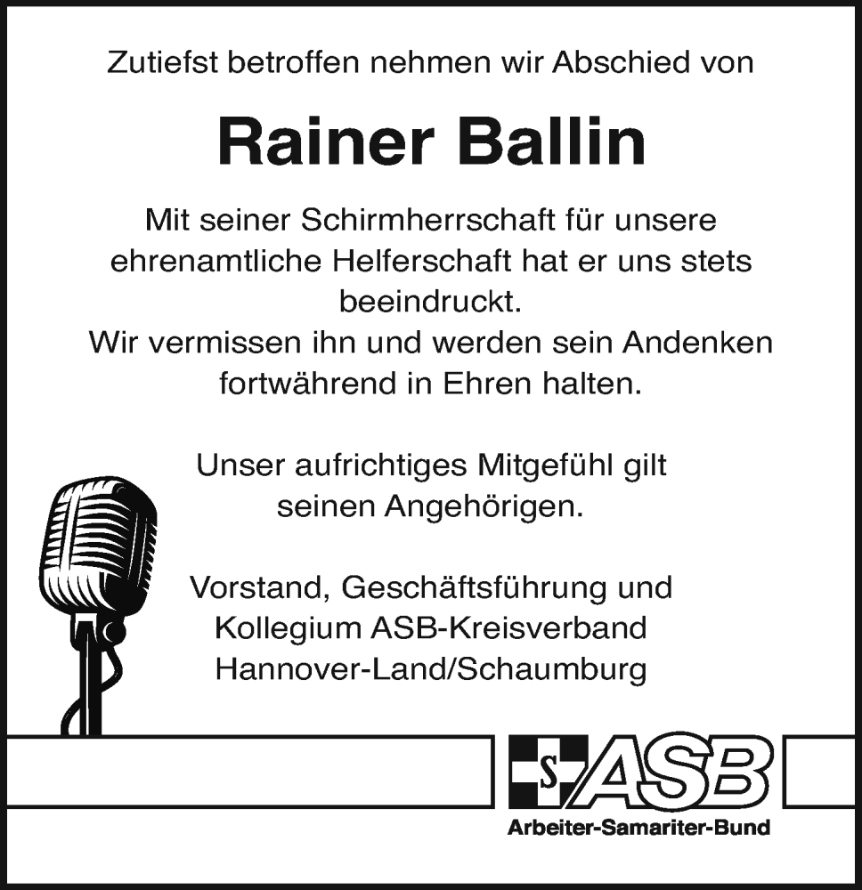  Traueranzeige für Rainer Ballin vom 05.07.2022 aus Hannoversche Allgemeine Zeitung/Neue Presse