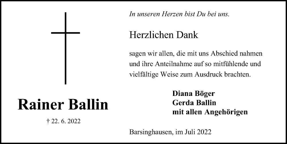  Traueranzeige für Rainer Ballin vom 30.07.2022 aus Hannoversche Allgemeine Zeitung/Neue Presse