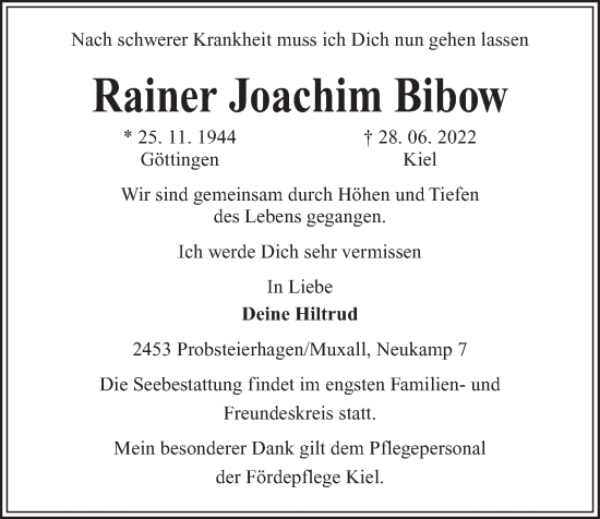Traueranzeige von Rainer Joachim Bibow von Kieler Nachrichten