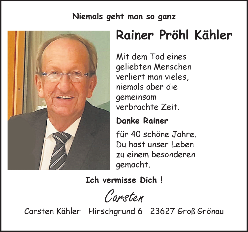  Traueranzeige für Rainer Pröhl Kähler vom 03.07.2022 aus Lübecker Nachrichten