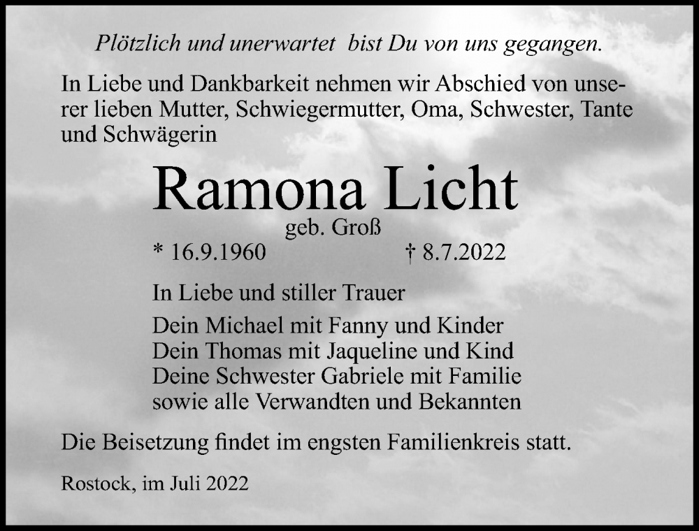  Traueranzeige für Ramona Licht vom 23.07.2022 aus Ostsee-Zeitung GmbH