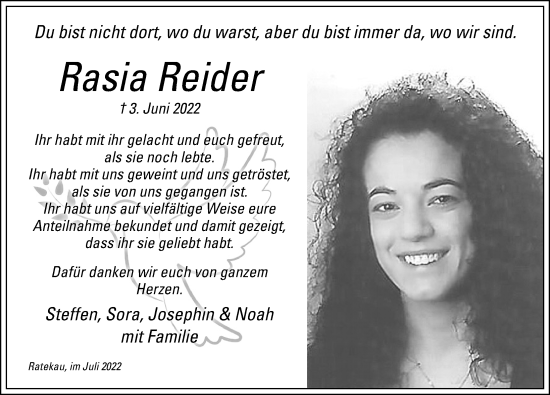 Traueranzeige von Rasia Reider von Lübecker Nachrichten