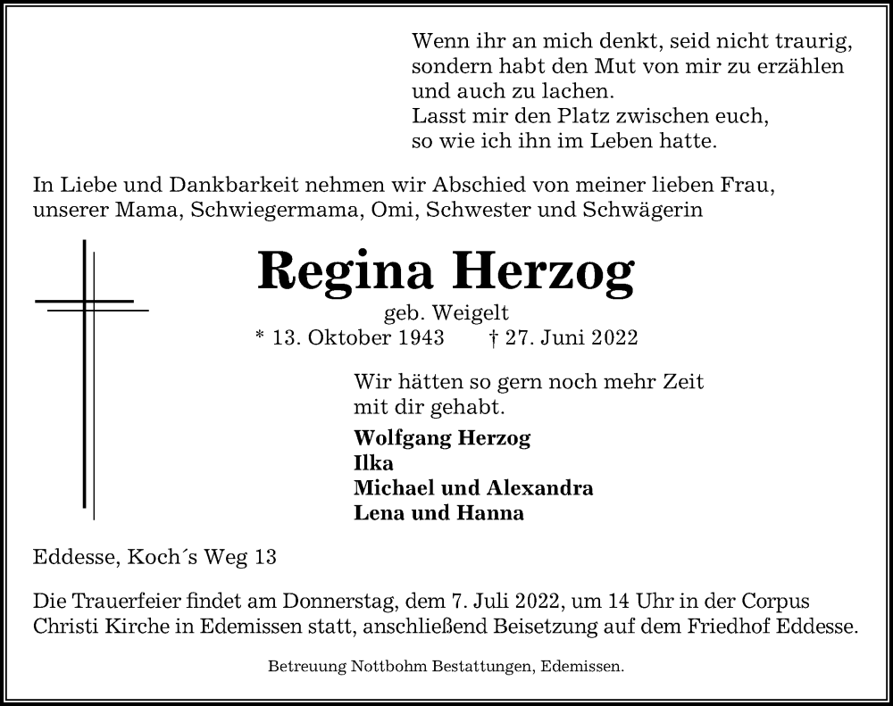  Traueranzeige für Regina Herzog vom 02.07.2022 aus Peiner Allgemeine Zeitung