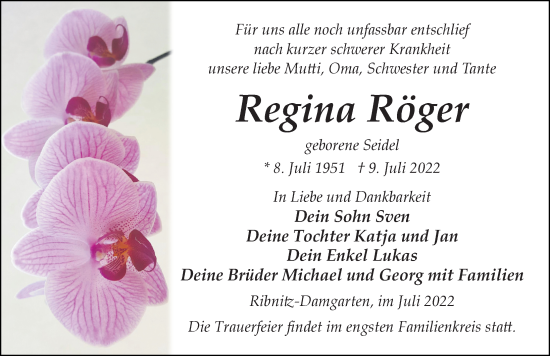 Traueranzeige von Regina Röger von Ostsee-Zeitung GmbH