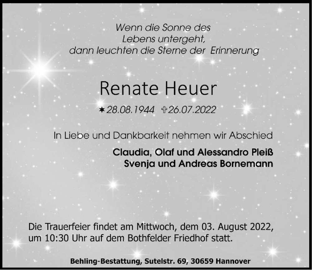  Traueranzeige für Renate Heuer vom 30.07.2022 aus Hannoversche Allgemeine Zeitung/Neue Presse