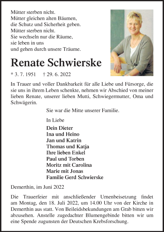 Traueranzeige von Renate Schwierske von Märkischen Allgemeine Zeitung