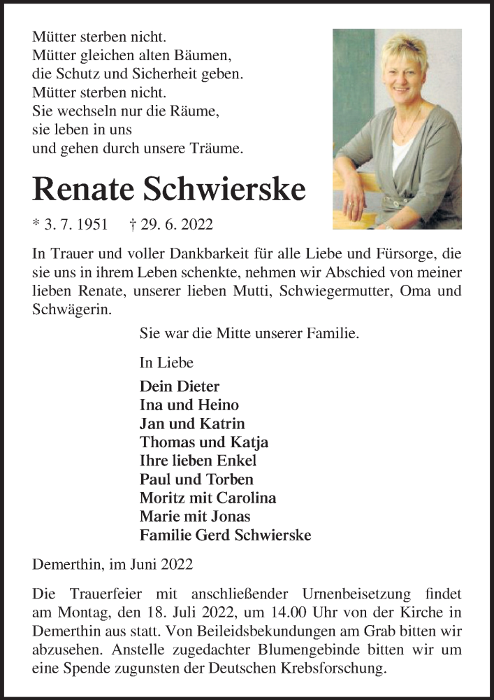  Traueranzeige für Renate Schwierske vom 09.07.2022 aus Märkischen Allgemeine Zeitung