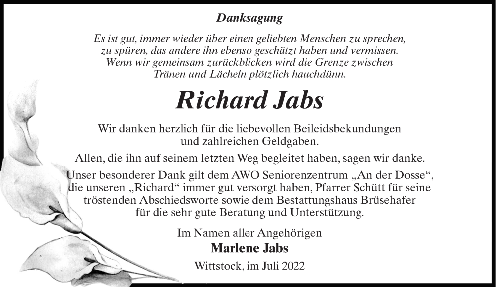  Traueranzeige für Richard Jabs vom 09.07.2022 aus Märkischen Allgemeine Zeitung