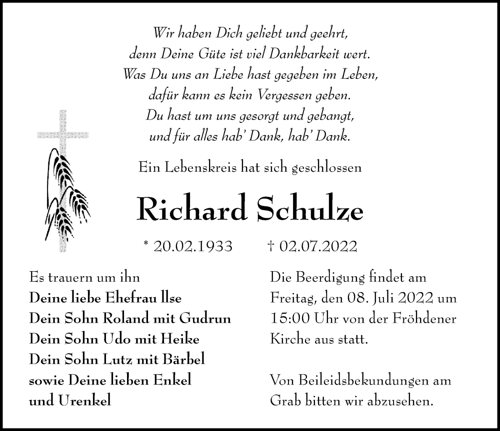  Traueranzeige für Richard Schulze vom 06.07.2022 aus Märkischen Allgemeine Zeitung