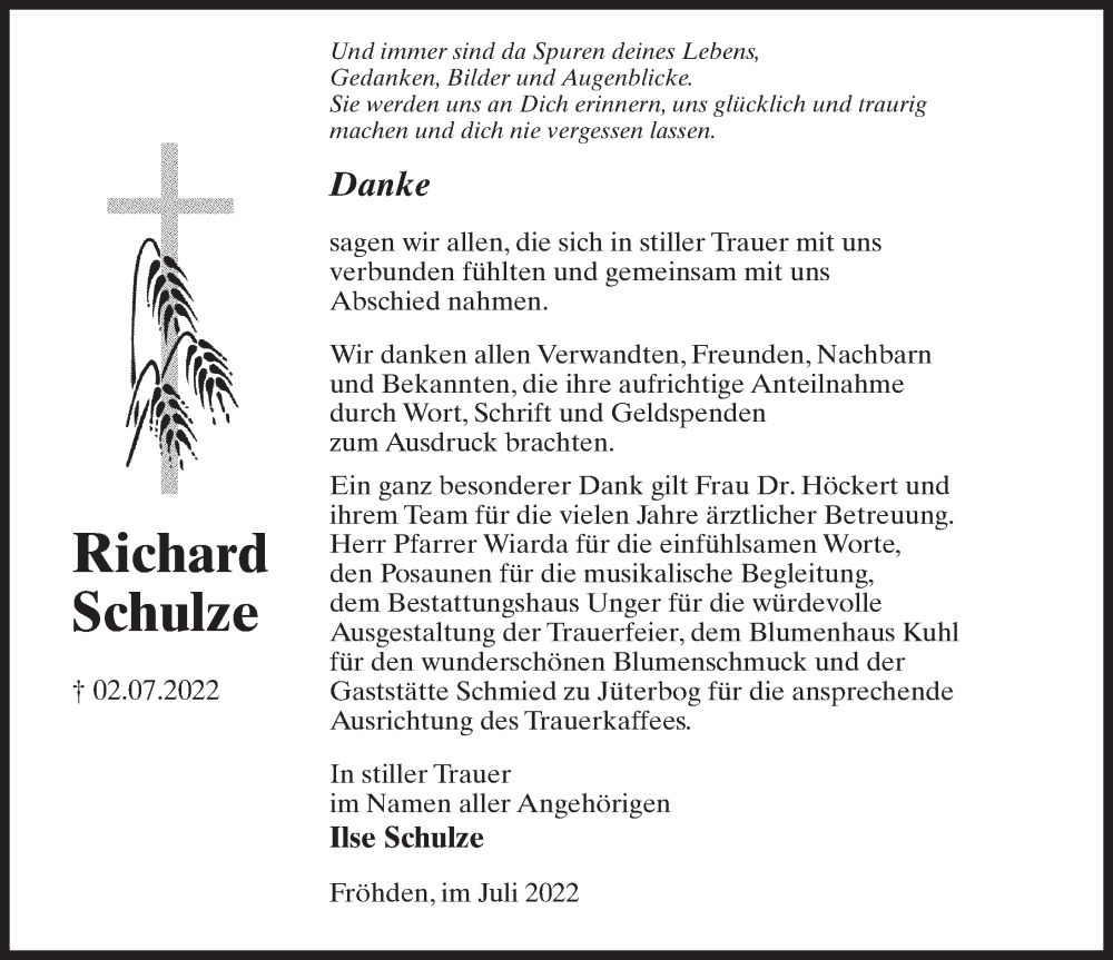  Traueranzeige für Richard Schulze vom 23.07.2022 aus Märkischen Allgemeine Zeitung