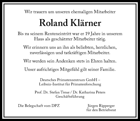Traueranzeige von Roland Klärner von Göttinger Tageblatt
