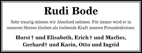 Traueranzeige von Rudi Bode von Peiner Allgemeine Zeitung