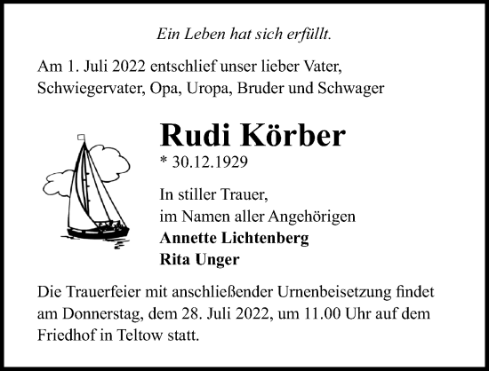 Traueranzeige von Rudi Körber von Märkischen Allgemeine Zeitung