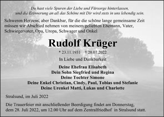 Traueranzeige von Rudolf Krüger von Ostsee-Zeitung GmbH