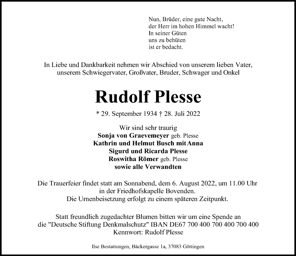  Traueranzeige für Rudolf Plesse vom 30.07.2022 aus Göttinger Tageblatt