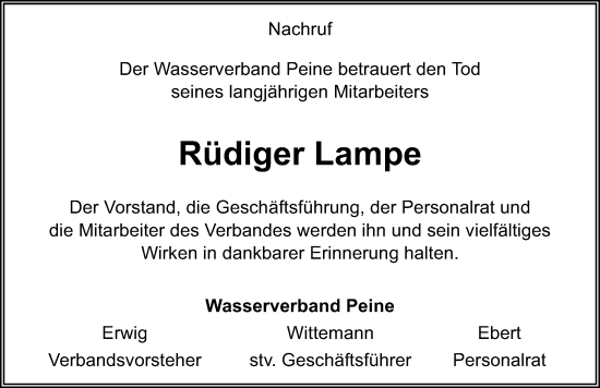 Traueranzeige von Rüdiger Lampe von Peiner Allgemeine Zeitung