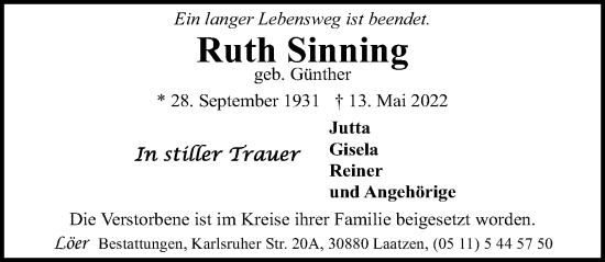 Traueranzeige von Ruth Sinning von Hannoversche Allgemeine Zeitung/Neue Presse