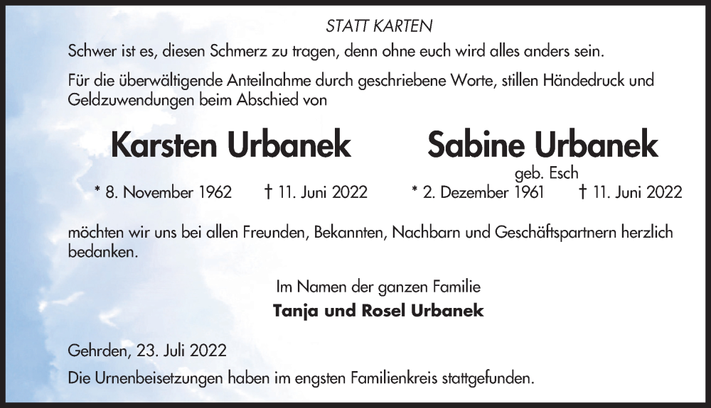  Traueranzeige für Sabine Urbanek vom 23.07.2022 aus Hannoversche Allgemeine Zeitung/Neue Presse
