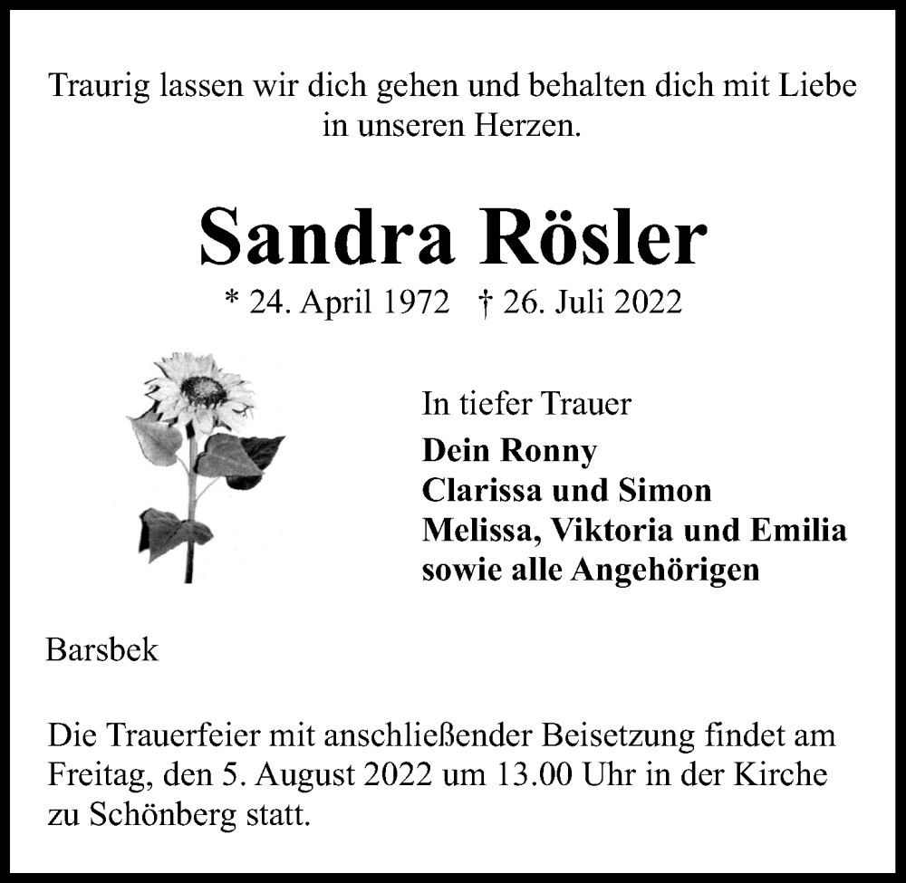  Traueranzeige für Sandra Rösler vom 30.07.2022 aus Kieler Nachrichten