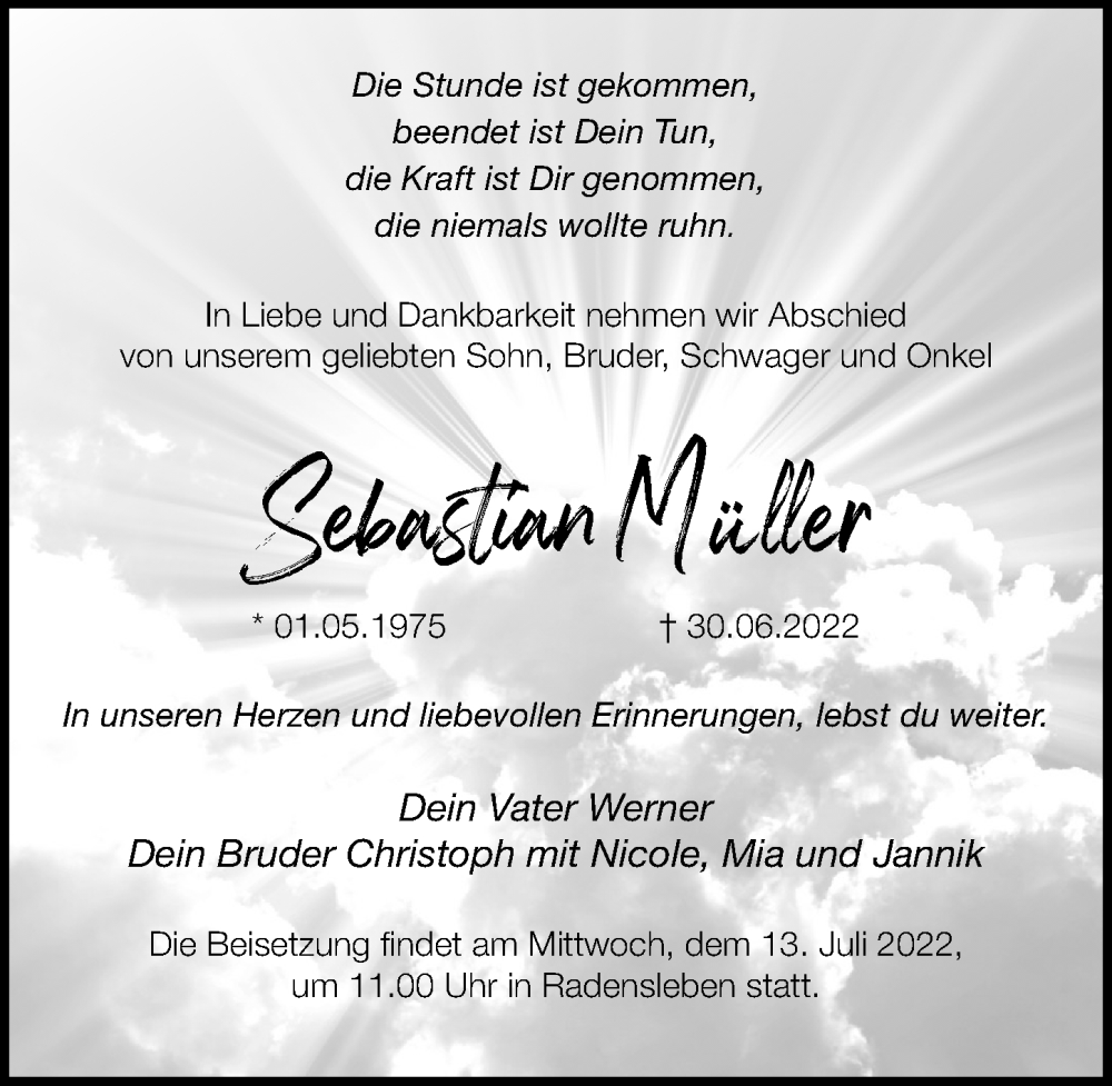  Traueranzeige für Sebastian Müller vom 06.07.2022 aus Märkischen Allgemeine Zeitung