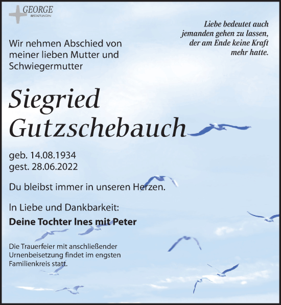 Traueranzeige von Siegried Gutzschebauch von Leipziger Volkszeitung