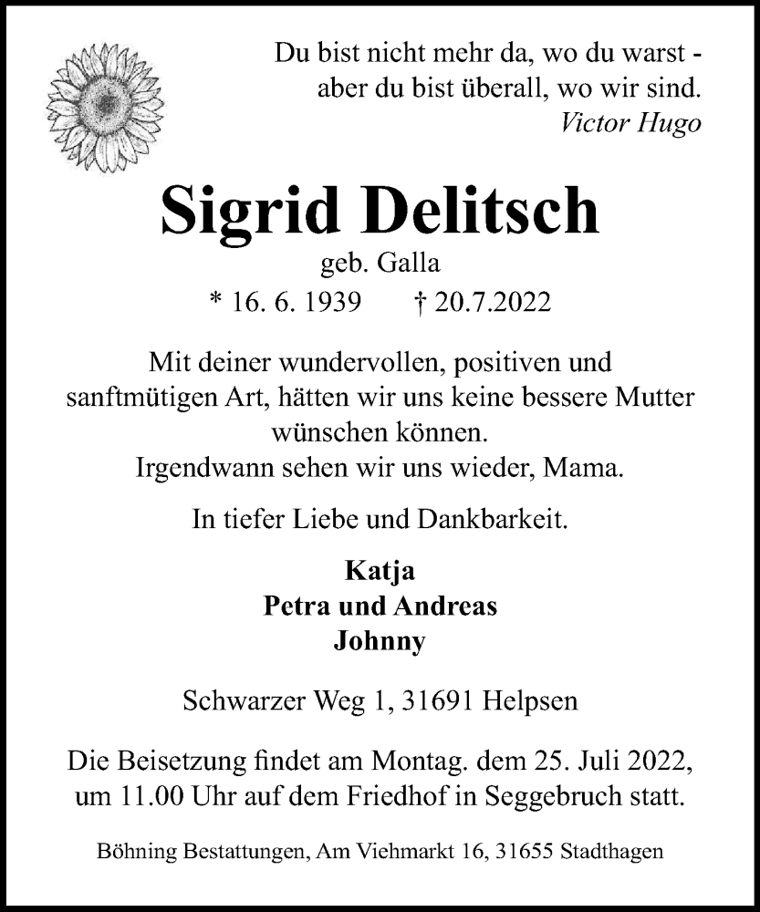  Traueranzeige für Sigrid Delitsch vom 23.07.2022 aus Schaumburger Nachrichten