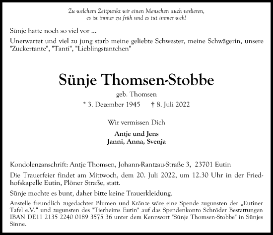 Traueranzeige von Sünje Thomsen-Stobbe von Lübecker Nachrichten