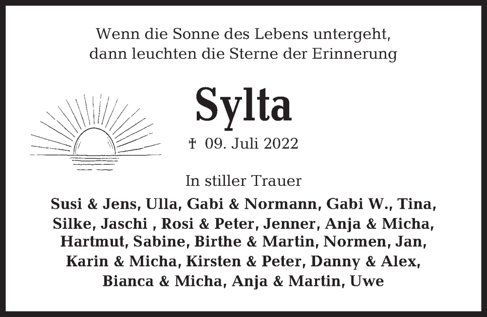  Traueranzeige für Sylta  vom 16.07.2022 aus Kieler Nachrichten