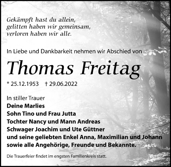Traueranzeige von Thomas Freitag von Leipziger Volkszeitung