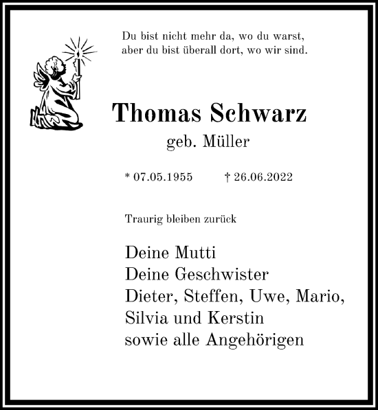 Traueranzeige von Thomas Schwarz von Leipziger Volkszeitung