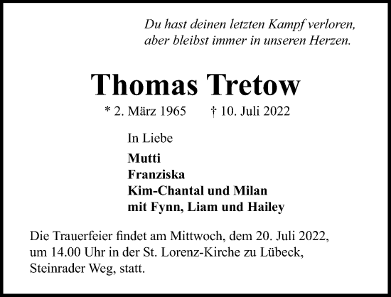 Traueranzeige von Thomas Tretow von Lübecker Nachrichten