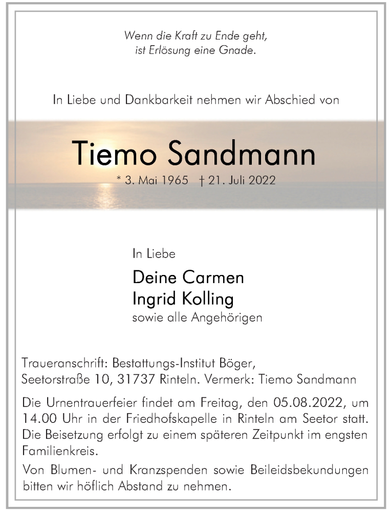  Traueranzeige für Tiemo Sandmann vom 30.07.2022 aus Schaumburger Nachrichten