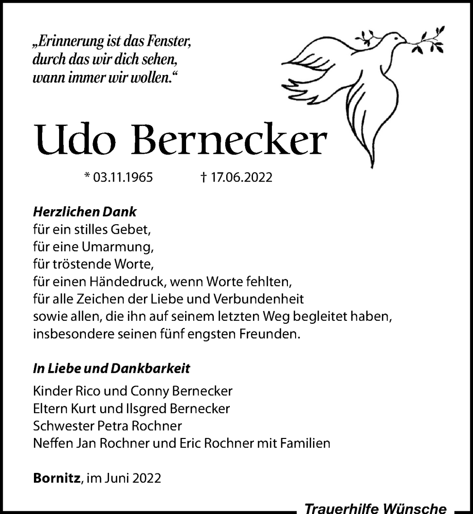  Traueranzeige für Udo Bernecker vom 02.07.2022 aus Leipziger Volkszeitung