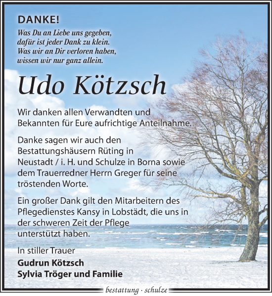 Traueranzeige von Udo Kötzsch von Leipziger Volkszeitung