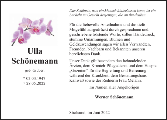 Traueranzeige von Ulla Schönemann von Ostsee-Zeitung GmbH