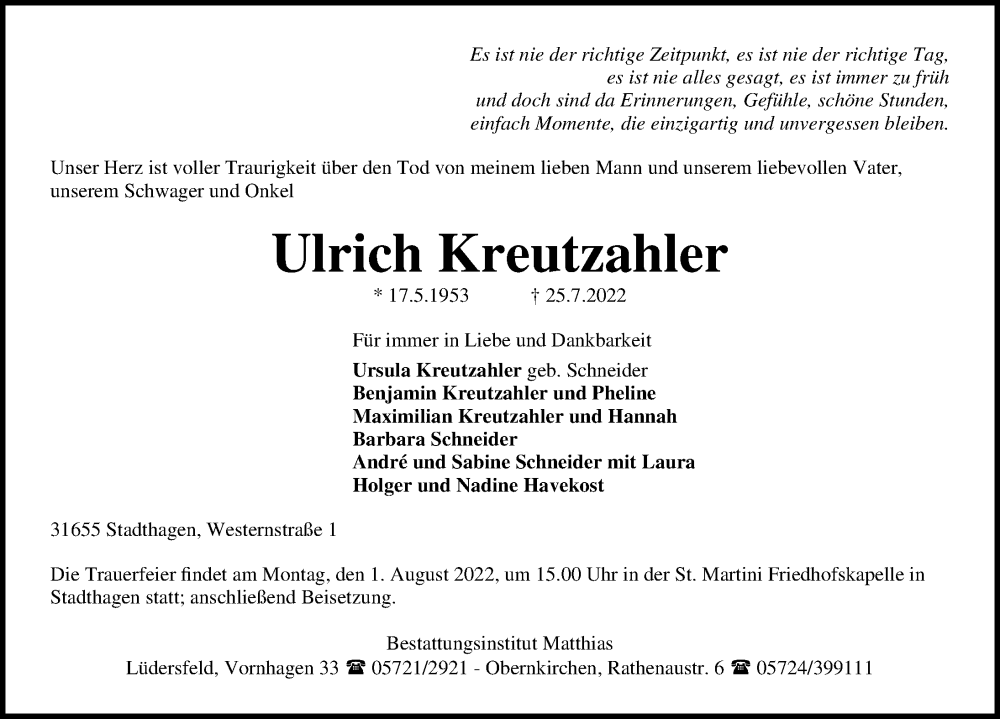  Traueranzeige für Ulrich Kreutzahler vom 30.07.2022 aus Schaumburger Nachrichten