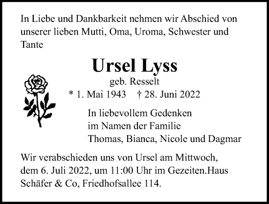 Traueranzeige von Ursel Lyss von Lübecker Nachrichten