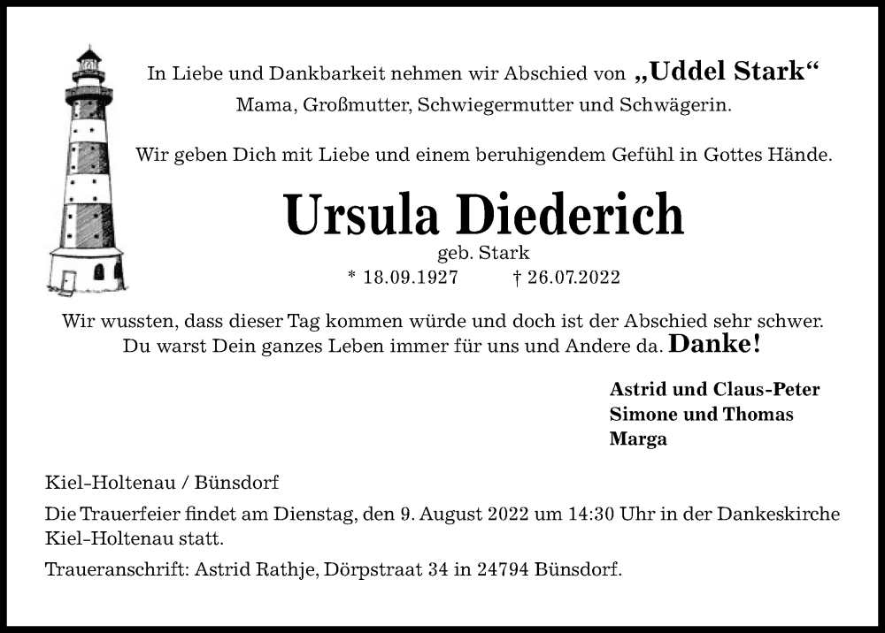 Traueranzeige für Ursula Diederich vom 30.07.2022 aus Kieler Nachrichten