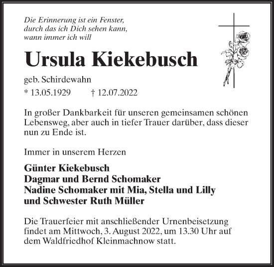 Traueranzeige von Ursula Kiekebusch von Märkischen Allgemeine Zeitung