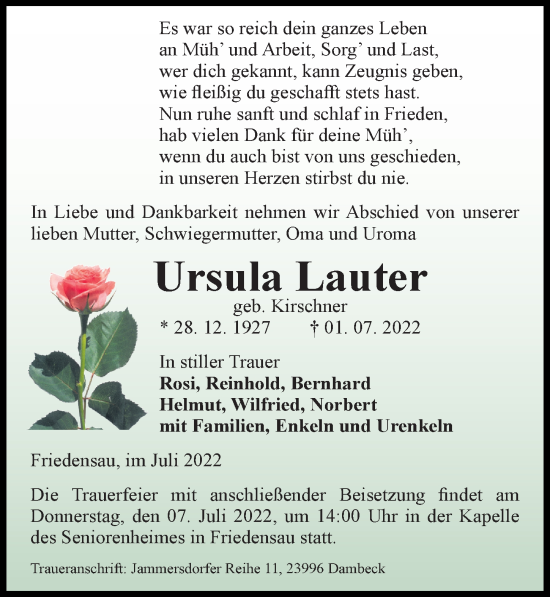 Traueranzeige von Ursula Lauter von Ostsee-Zeitung GmbH