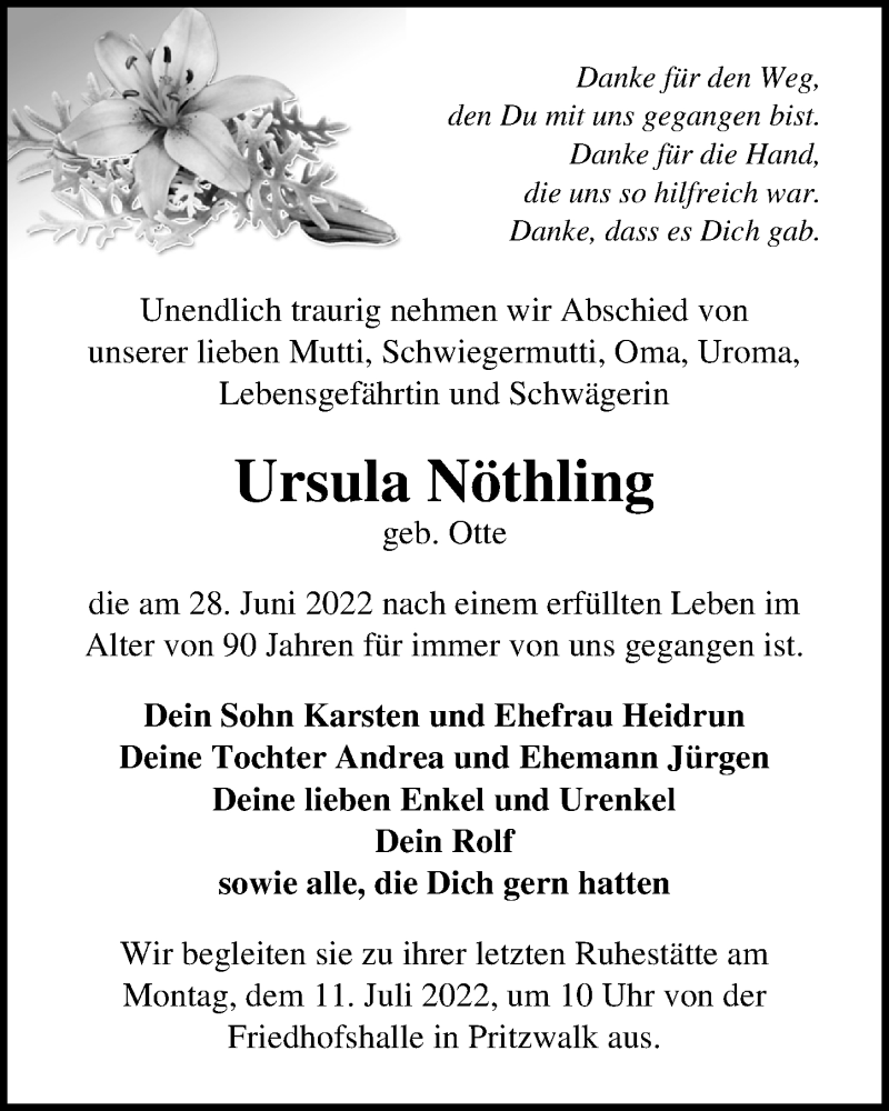  Traueranzeige für Ursula Nöthling vom 02.07.2022 aus Märkischen Allgemeine Zeitung
