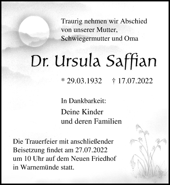 Traueranzeige von Ursula Saffian von Ostsee-Zeitung GmbH